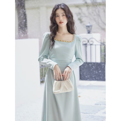 Long-Sleeve Square Neck Beaded Midi A-Line Dress