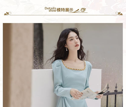 Long-Sleeve Square Neck Beaded Midi A-Line Dress