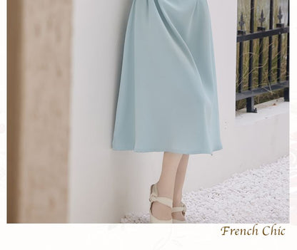 Long-Sleeve Square Neck Beaded Midi A-Line Dress