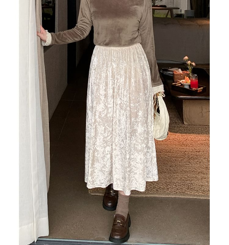 High Waist Plain Velvet Midi A-Line Skirt