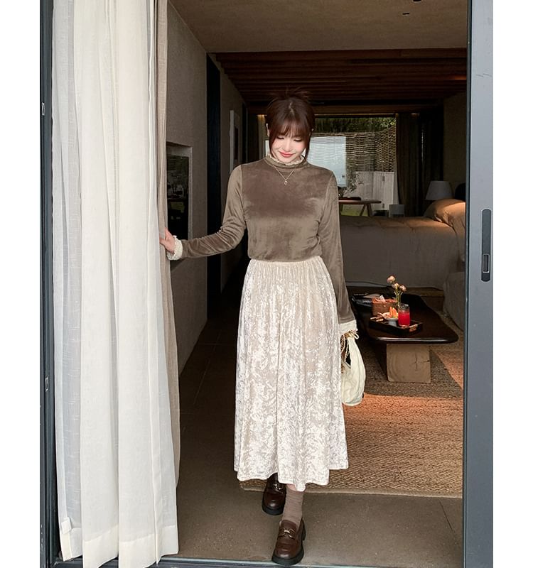 High Waist Plain Velvet Midi A-Line Skirt