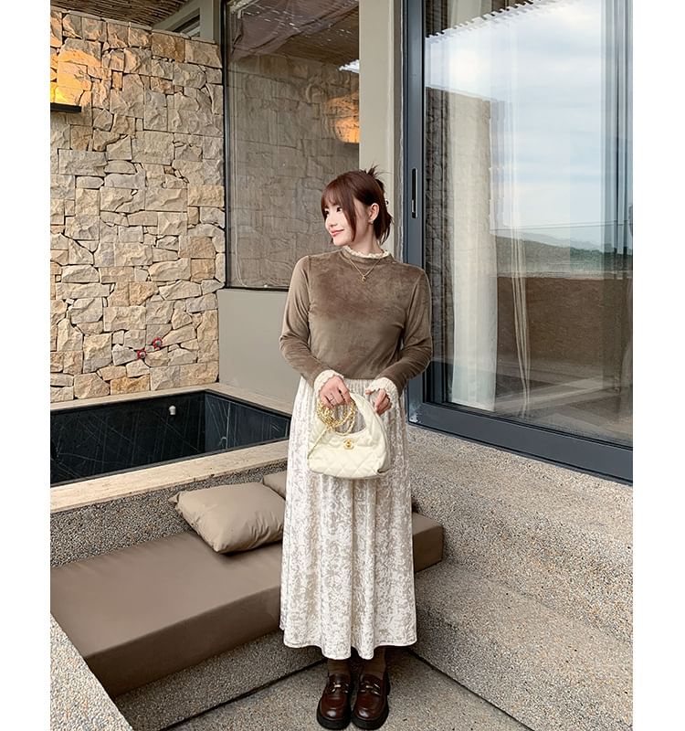High Waist Plain Velvet Midi A-Line Skirt