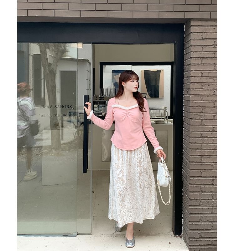 High Waist Plain Velvet Midi A-Line Skirt