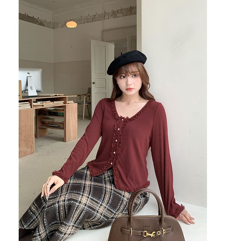 Long Sleeve V-Neck Plain Lace Trim Button Top