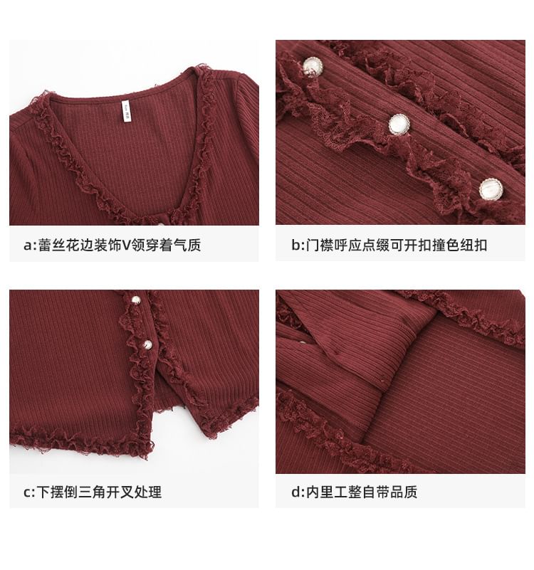 Long Sleeve V-Neck Plain Lace Trim Button Top