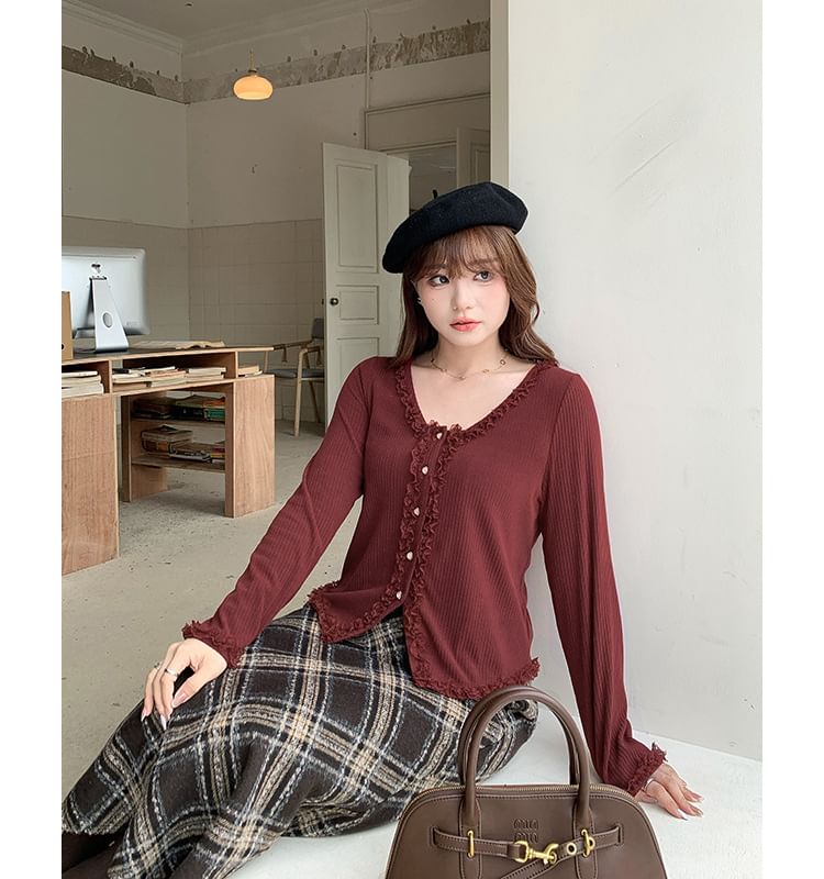 Long Sleeve V-Neck Plain Lace Trim Button Top