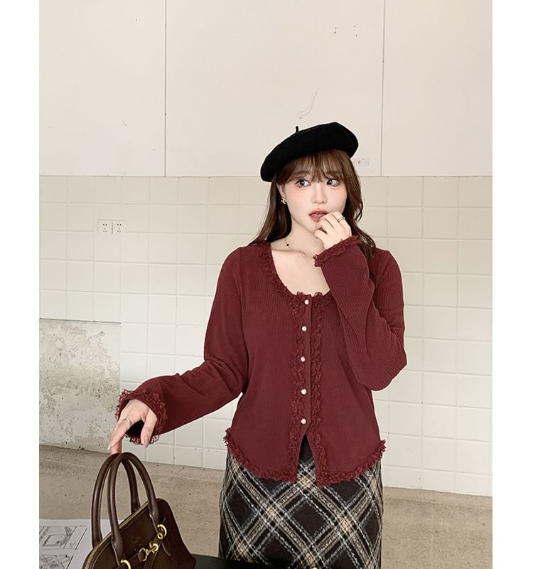 Long Sleeve V-Neck Plain Lace Trim Button Top