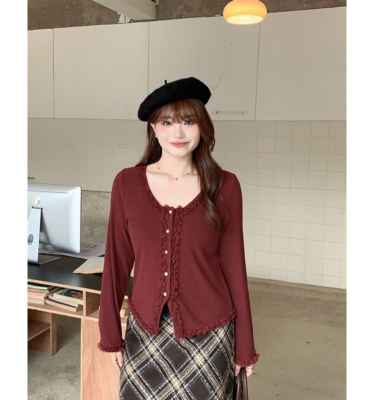 Long Sleeve V-Neck Plain Lace Trim Button Top