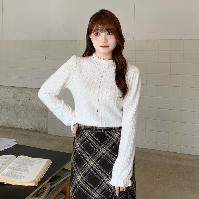 Long Sleeve Mock Neck Plain Frill Lace Top