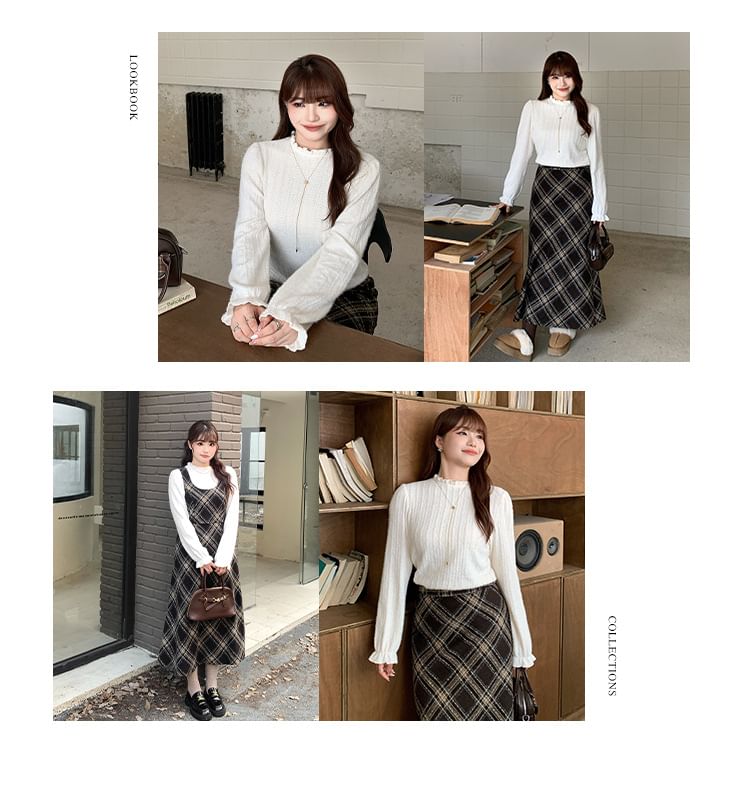 Long Sleeve Mock Neck Plain Frill Lace Top