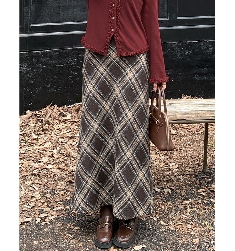 High Waist Plaid Maxi A-Line Skirt