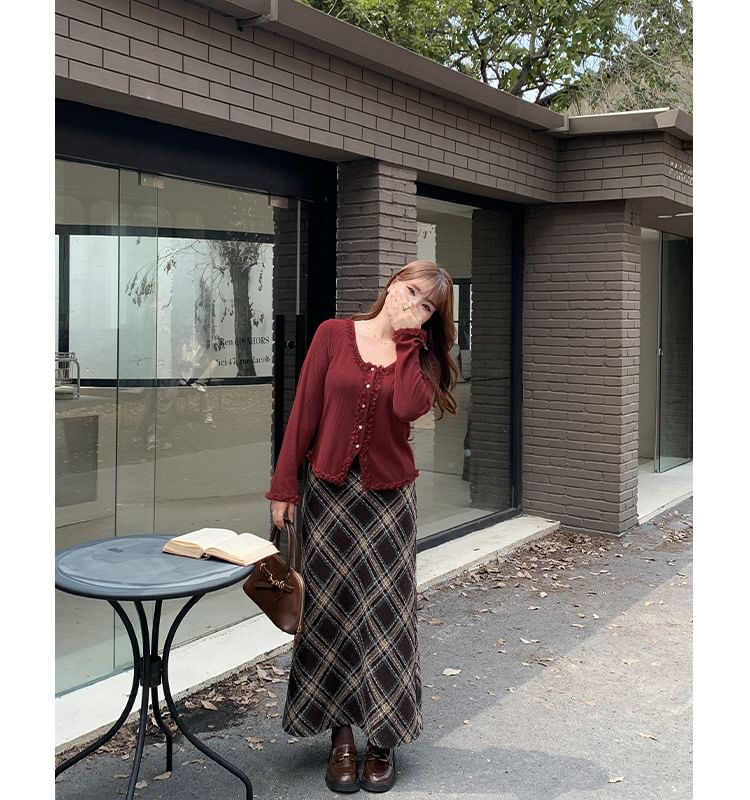 High Waist Plaid Maxi A-Line Skirt