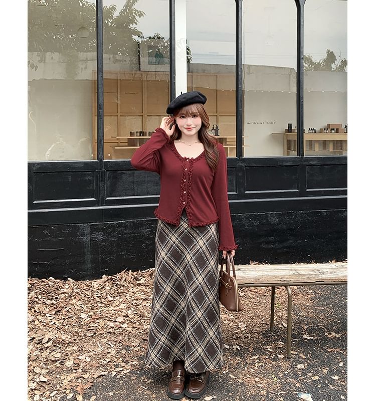 High Waist Plaid Maxi A-Line Skirt