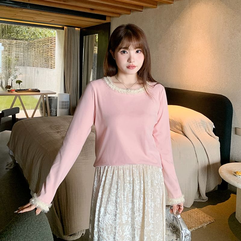 Long Sleeve Round Neck Frill Top