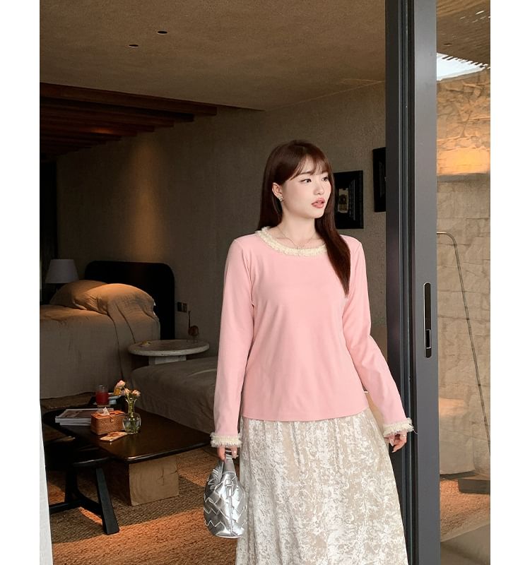 Long Sleeve Round Neck Frill Top