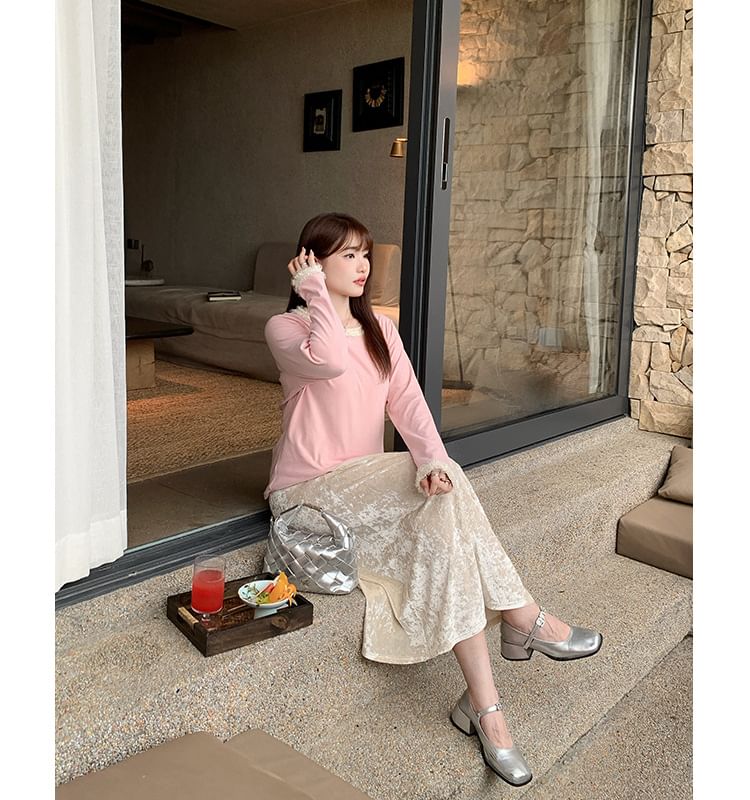 Long Sleeve Round Neck Frill Top