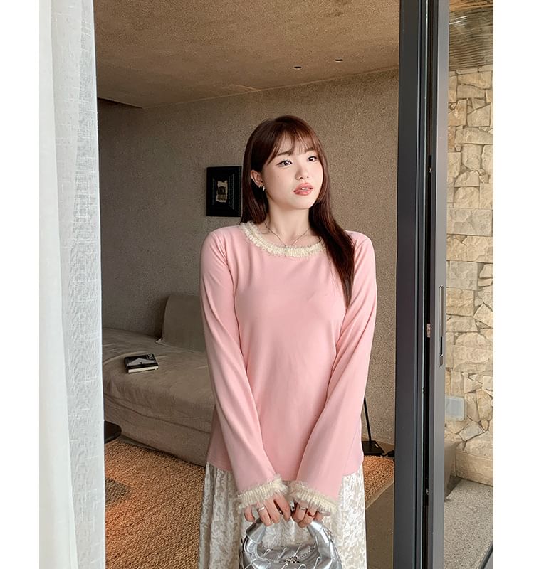 Long Sleeve Round Neck Frill Top