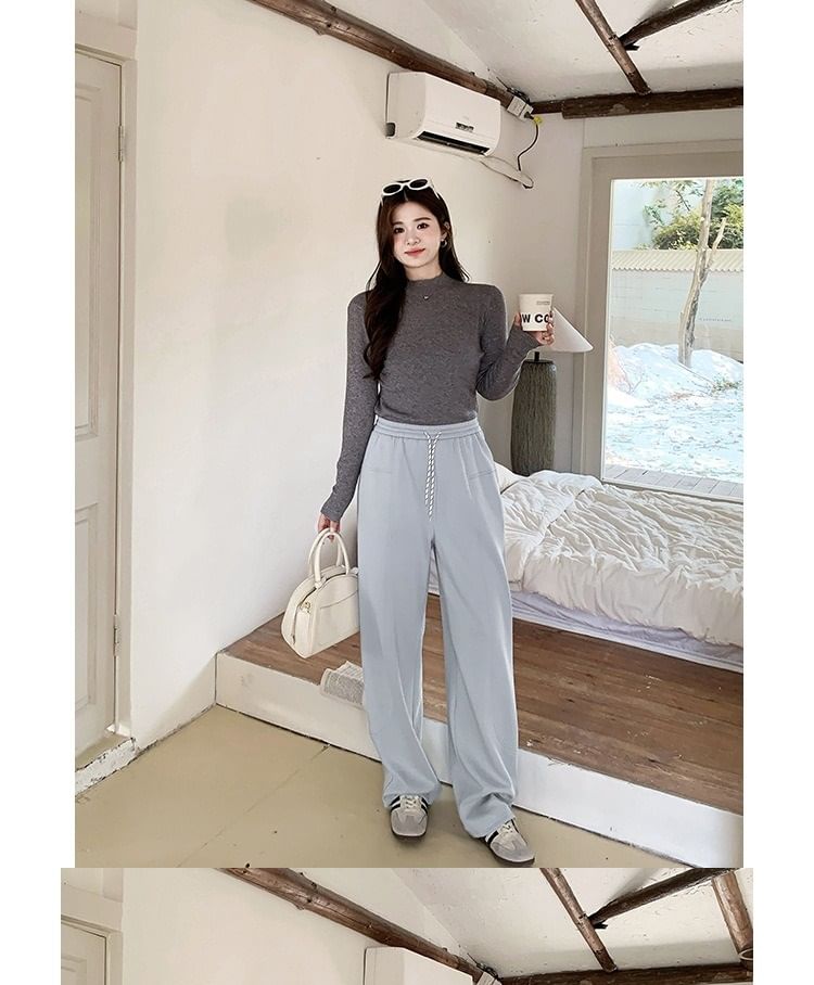 Drawstring Waist Plain Fleece-Lined Wide Leg Sweatpants