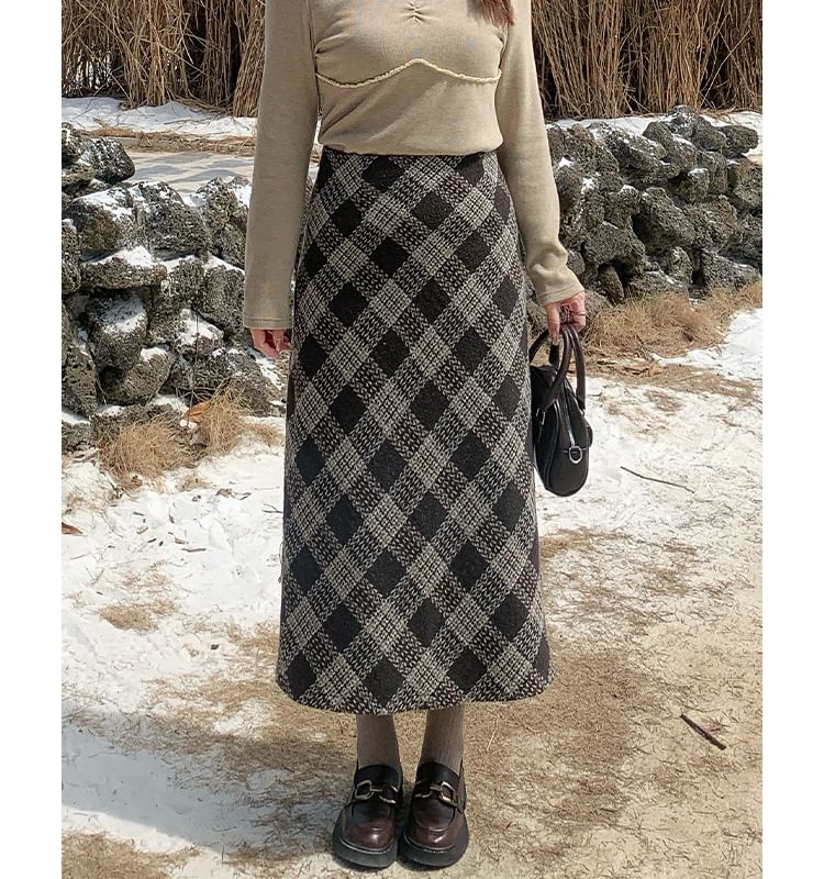 High Waist Plaid Maxi A-Line Skirt