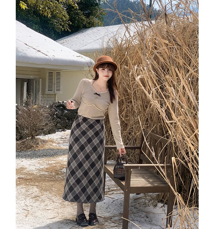 High Waist Plaid Maxi A-Line Skirt