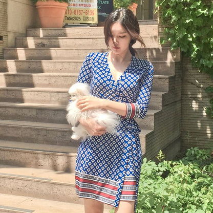 3/4-Sleeve V-Neck Patterned Sashed A-Line Wrap Dress