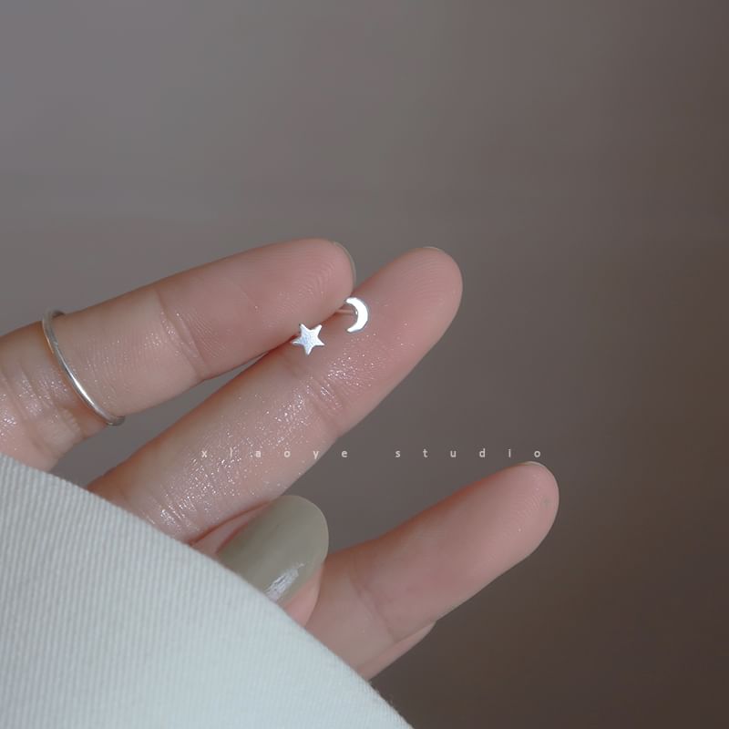 Asymmetrical Stud 925 Star Sterling Crescent Earring Silver