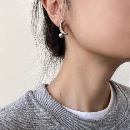 Crescent Stud Sterling Faux 925 Silver Pearl Earring