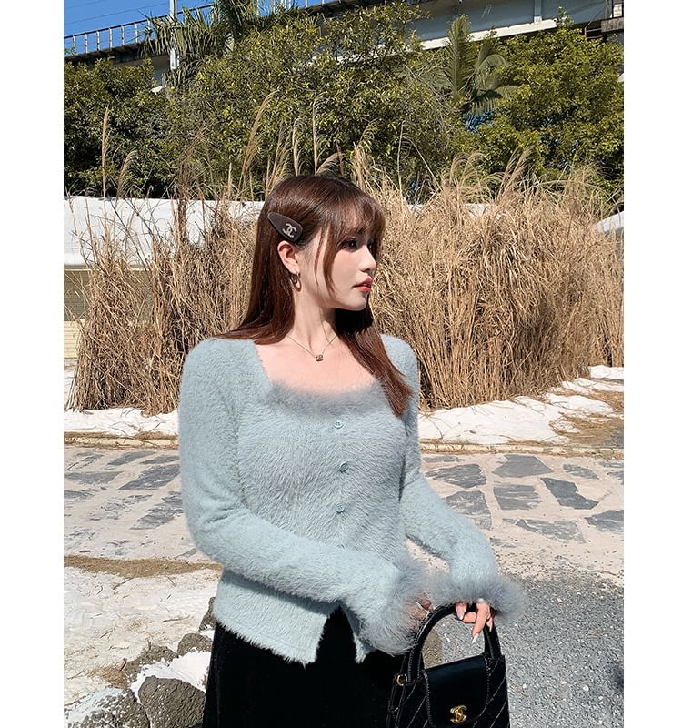 Long-Sleeve Square-Neck Plain Fluffy Knit Top