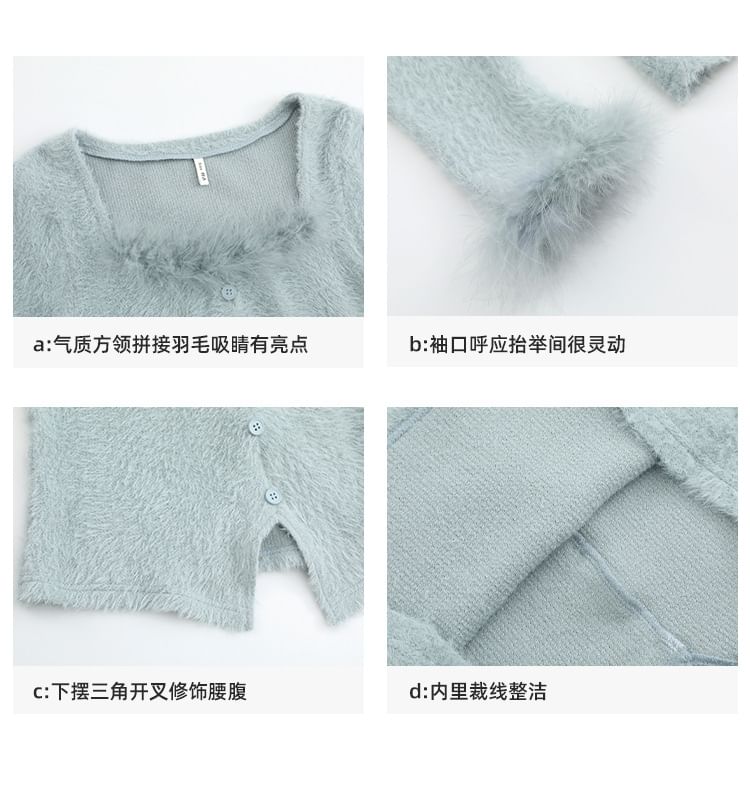 Long-Sleeve Square-Neck Plain Fluffy Knit Top