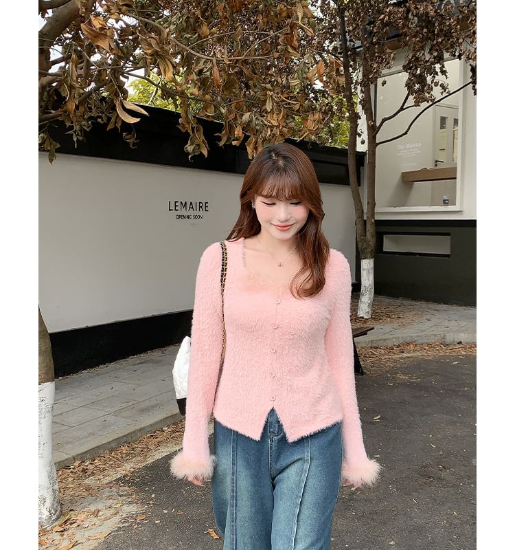 Long-Sleeve Square-Neck Plain Fluffy Knit Top