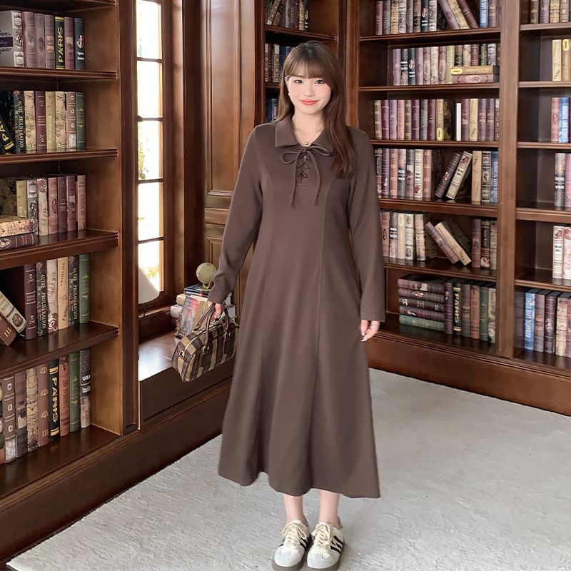 Long-Sleeve Polo-Neck Plain Lace-Up Midi A-Line Dress