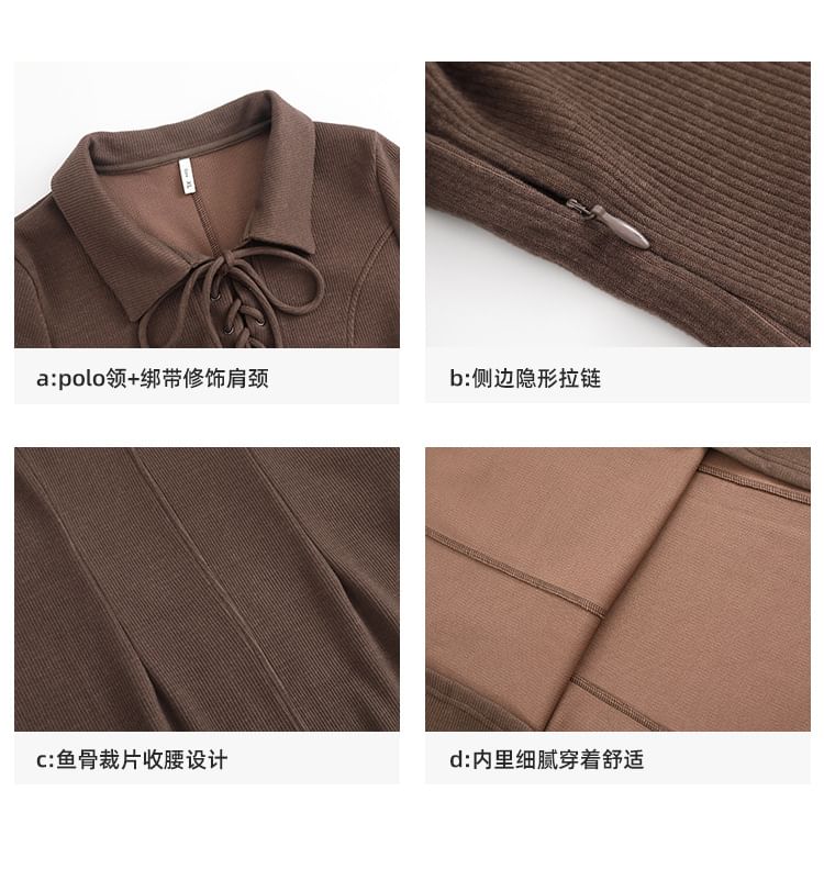 Long-Sleeve Polo-Neck Plain Lace-Up Midi A-Line Dress