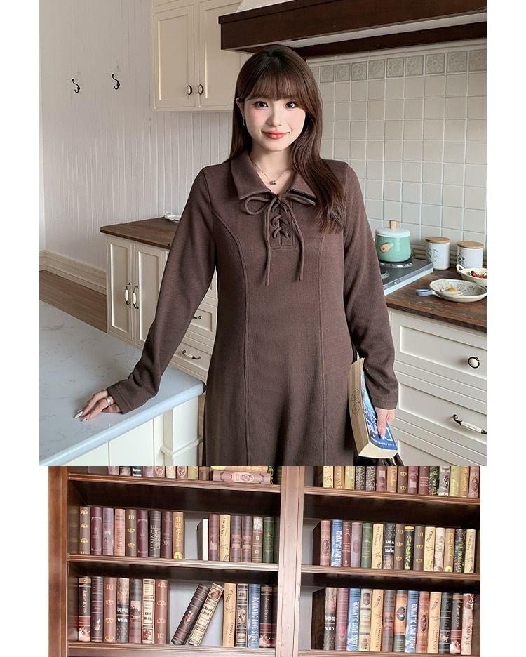Long-Sleeve Polo-Neck Plain Lace-Up Midi A-Line Dress