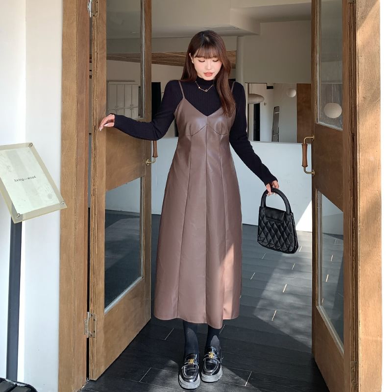 Faux Leather Midi Dungaree Dress