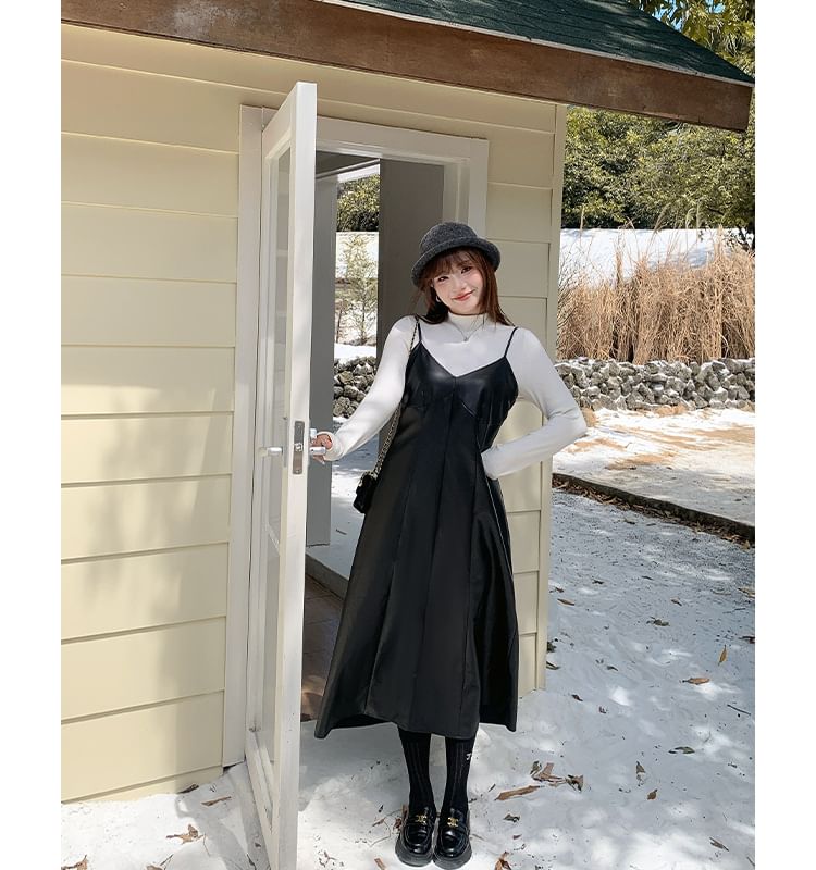 Faux Leather Midi Dungaree Dress