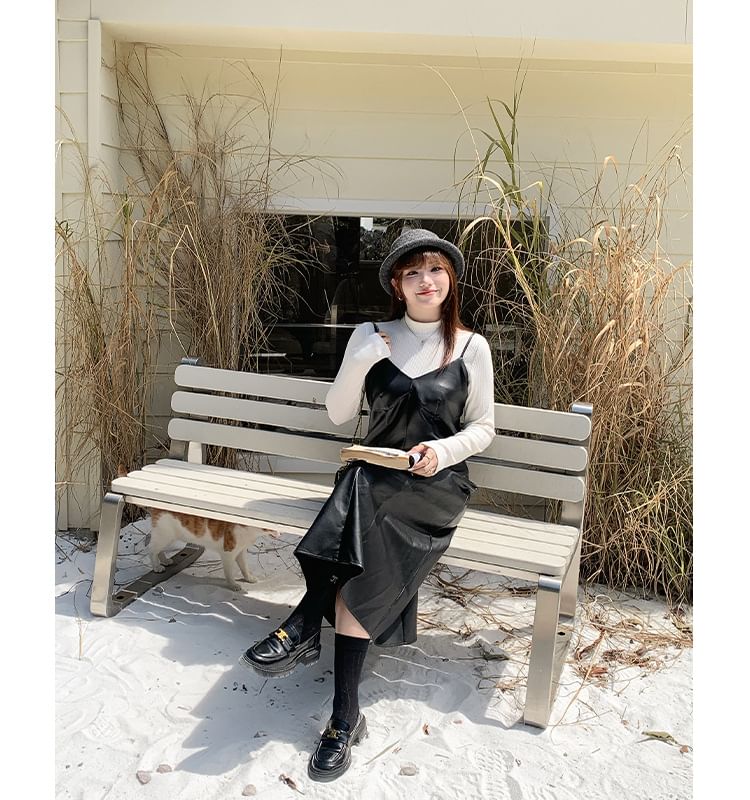 Faux Leather Midi Dungaree Dress