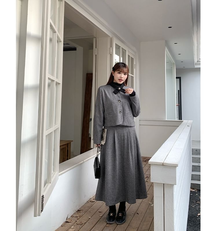 Set: Plain Button-Up Jacket + High Waist Midi A-Line Skirt