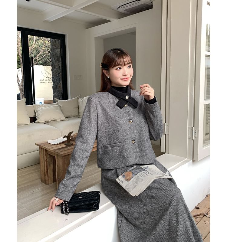 Set: Plain Button-Up Jacket + High Waist Midi A-Line Skirt