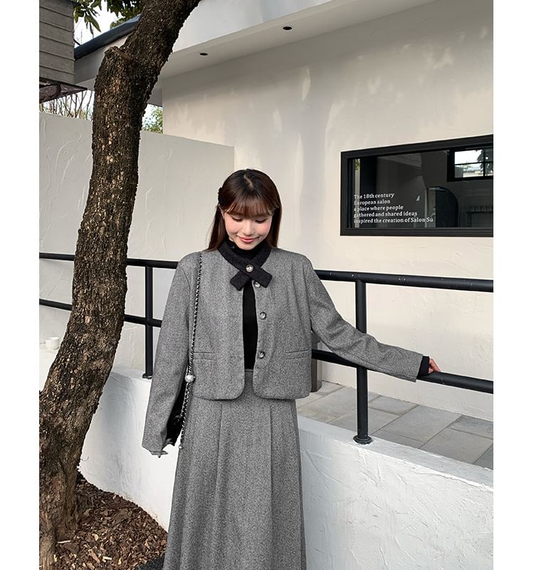 Set: Plain Button-Up Jacket + High Waist Midi A-Line Skirt