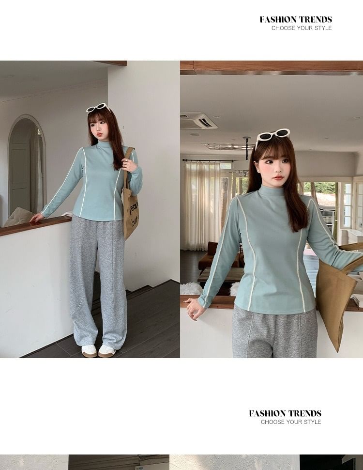Long-Sleeve High Neck Contrast Trim Knit Top