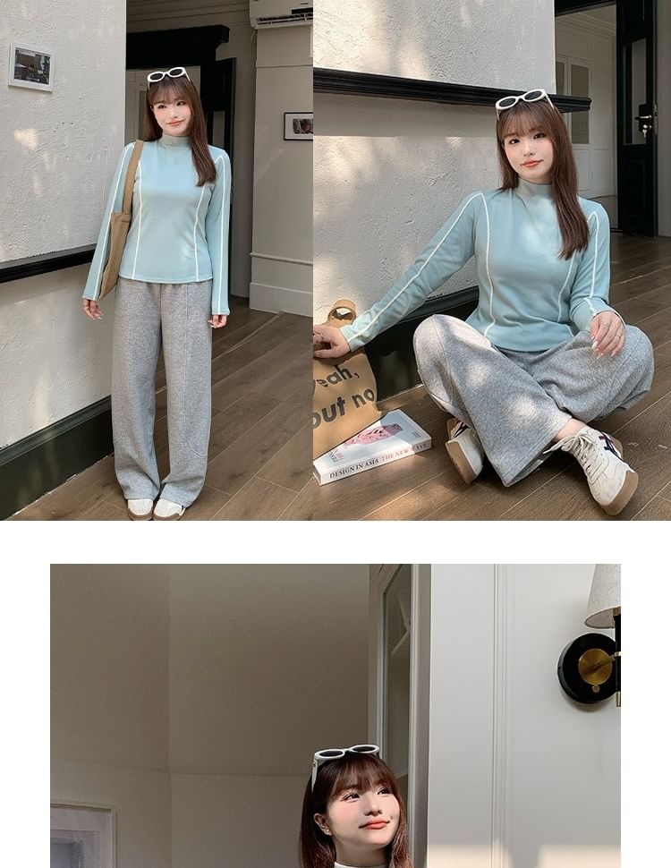 Long-Sleeve High Neck Contrast Trim Knit Top