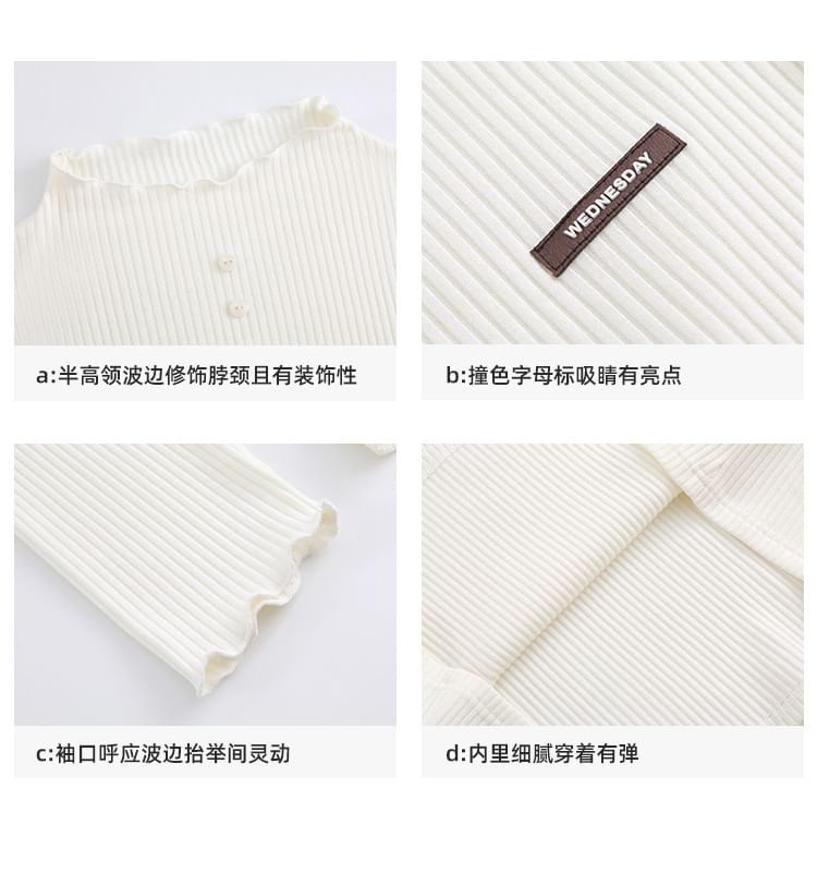 Long-Sleeve High Neck Plain Ribbed Henley Knit Top