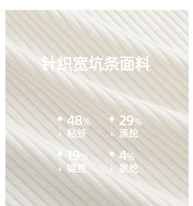 Long-Sleeve High Neck Plain Ribbed Henley Knit Top