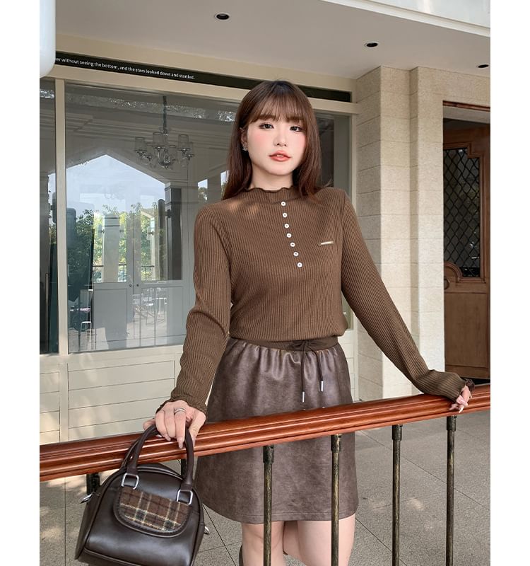 Long-Sleeve High Neck Plain Ribbed Henley Knit Top