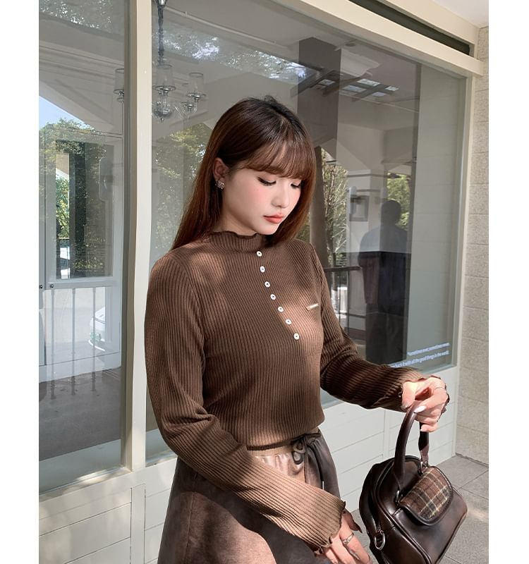 Long-Sleeve High Neck Plain Ribbed Henley Knit Top