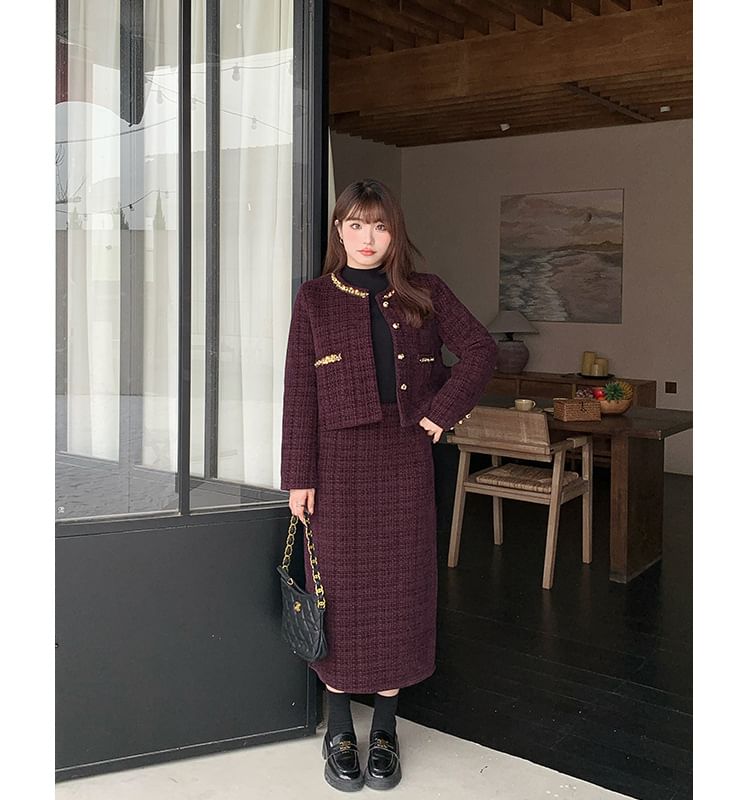 Set: Round Neck Sequin Tweed Button Jacket + High Waist Midi Straight Skirt