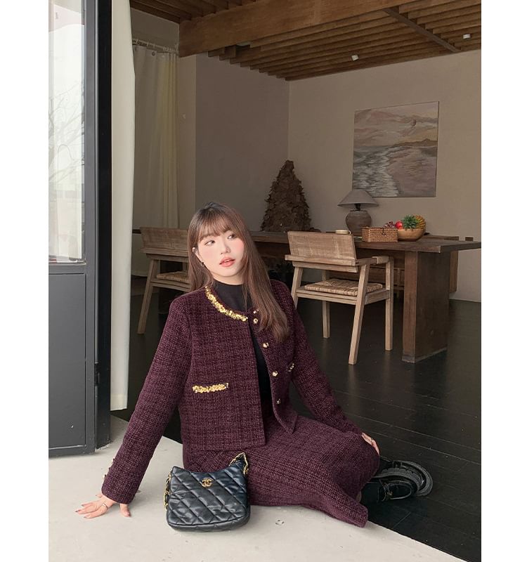 Set: Round Neck Sequin Tweed Button Jacket + High Waist Midi Straight Skirt