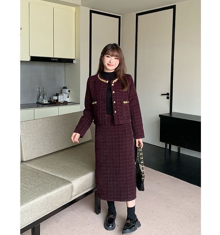 Set: Round Neck Sequin Tweed Button Jacket + High Waist Midi Straight Skirt