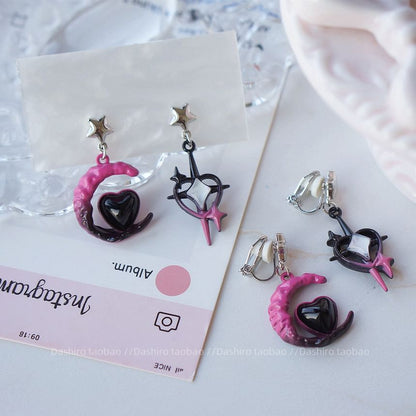 Clip-On Drop Moon Earring / Asymmetrical Star