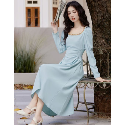 Long Sleeve Round Neck Contrast Trim Ruched Midi A-Line Dress